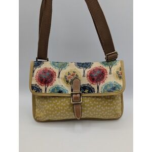 Fossil Key-Per Crossbody Bag Birds & Trees Print Yellow Coated Canvas Boho Flap